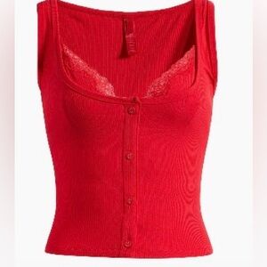 SKIMS Cotton Ribbed Lace Button Up Top CHERRY Women’s Size Large NWT Rare Kim K